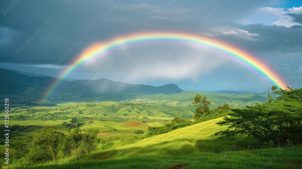 Lush green hills under a bright, full arc rainbow in the sky