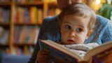 A baby with wide eyes reads a book with a parent, showing early education