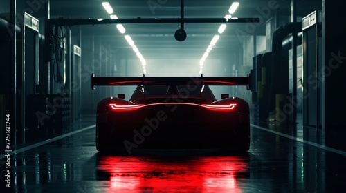 Back view silhouette of a modern generic sports racing car standing in a dark garage. Realistic 3d rendering. 3D Illustration