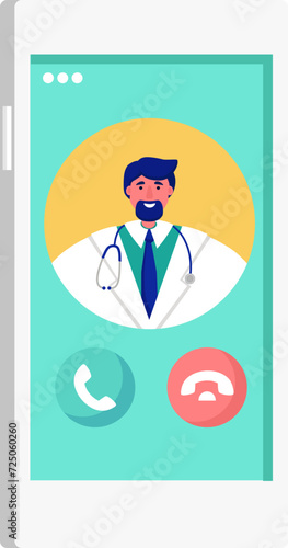 Male doctor with stethoscope on video call on smartphone screen. Virtual medical consultation concept. Telemedicine and healthcare application vector illustration.