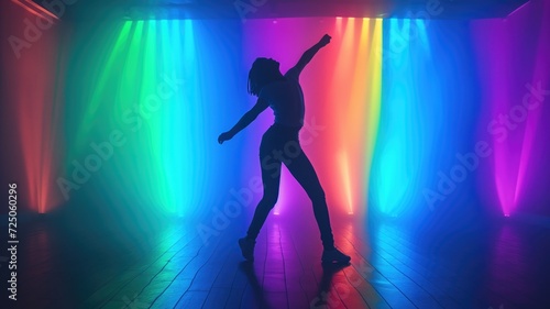 A dancer's silhouette against a vibrant disco light backdrop, full of energy and movement