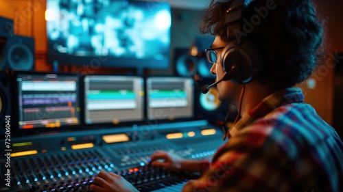 Focused man operating audio mixing console with displays. Studio recording session photo