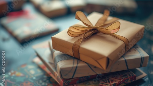 Elegantly wrapped presents with golden ribbons on a festive background