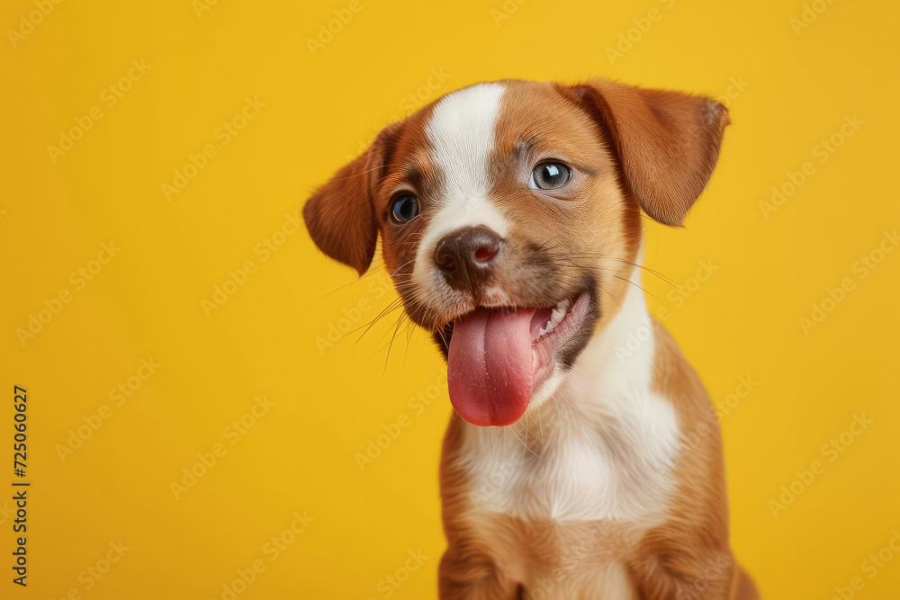 Funny portrait hungry puppy dog licking its lips with tongue. Isolated on yellow solid background. funny dog shows tongue. Hungry Dog. Dog with licking tongue. Funny portrait hungry puppy dog licking its lips with tongue. Isolated on yellow solid background. funny dog shows tongue. Hungry Dog. Dog with licking tongue.