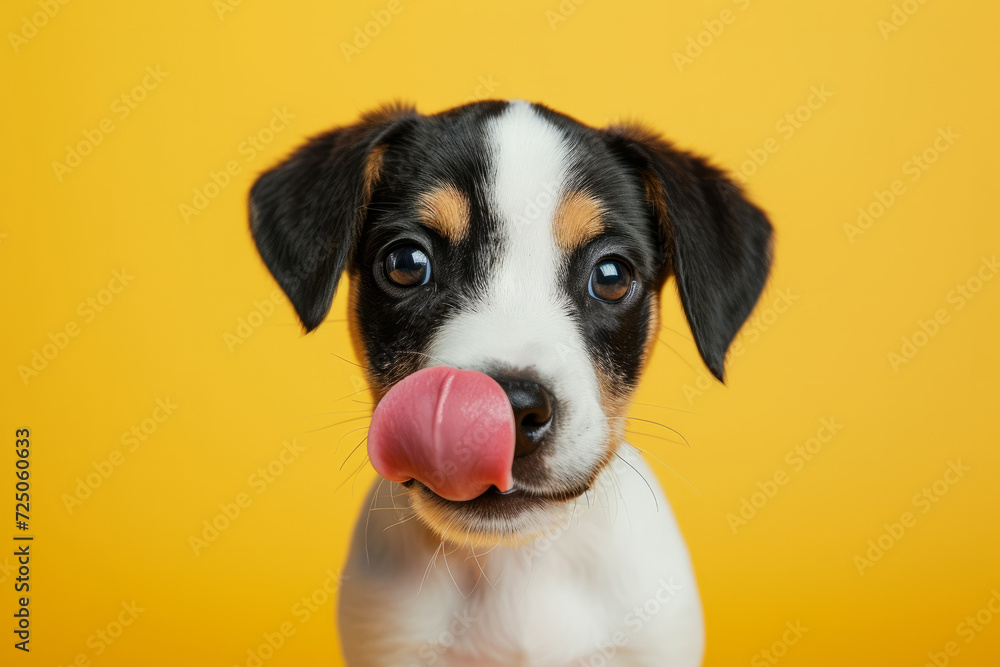 Funny portrait hungry puppy dog licking its lips with tongue. Isolated on yellow solid background. funny dog shows tongue. Hungry Dog. Dog with licking tongue.
