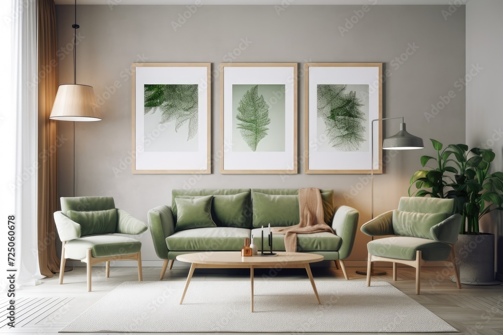 Fototapeta premium a contemporary, comfortable living area with two sofas, a coffee table, a painting, and a poster mock up. Vertical
