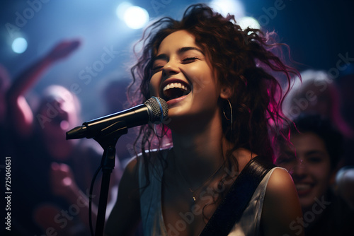  woman sings passionately into a microphone at a lively concert, surrounded by an audience. The image embodies the thrill of live music and could represent performance or joy.