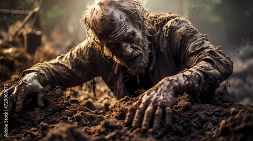 A zombie with his hands in the dirt