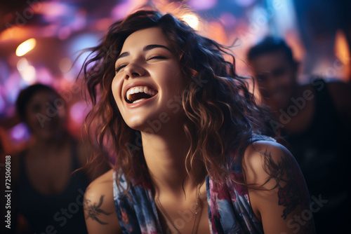  A smiling and singing woman with tousled hair enjoys a lively party atmosphere, her joy infectious among the blurred figures. happiness, ideal for lifestyle or celebration themes. © Silga