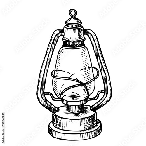 Vintage Lantern. Hand drawn vector illustration of old Kerosene Lamp painted by black inks. Etch of retro metal equipment for travel and adventure. Antique rusty glass element for icon or logo.