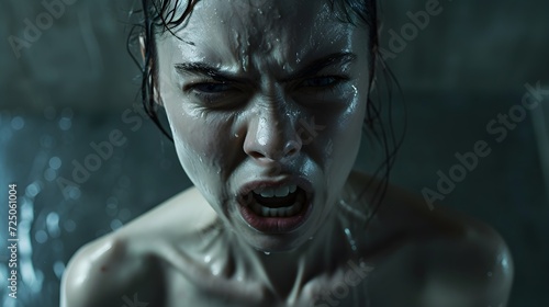 A photograph capturing the intensity of pain, failure, heartbreak, anxiety, fear, anger, and depression of a woman through facial and body expressions, highlighting the emotional feelings