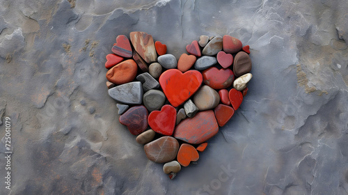 Heart made of different multicolored pebbles. Cute natural design for Valentines day. photo