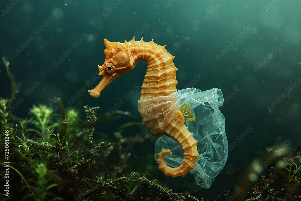 Plastic pollution environmental problem. Seahorse and plastic bottles, tin cans underwater