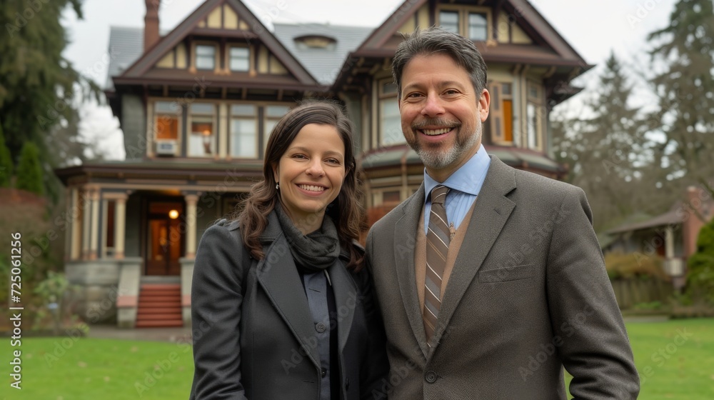 Man and woman real estate agents smiling in front of a home, or homeowners Man and woman real estate agents smiling in front of a home, or homeowners