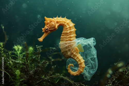 Plastic pollution environmental problem. Seahorse and plastic bottles, tin cans underwater © Odesza