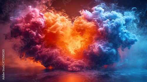  a heart shaped cloud of colored smoke on a black background with a red, blue, and orange color scheme.