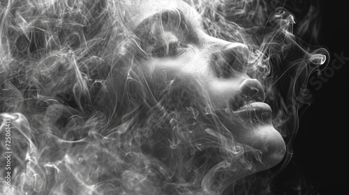  a black and white photo of a woman's face with smoke coming out of her face and her eyes closed.