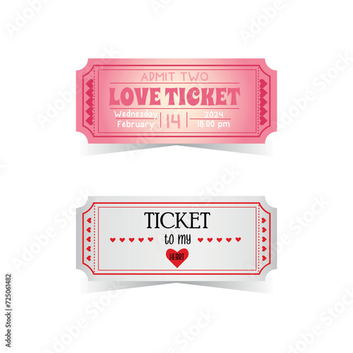 Two vintage tickets for lovers white isolated background. Love ticket. Tickets for circus, concert, boarding, lottery, movie and coupon 

