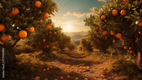 Orange garden, fresh atmosphere There are many orange trees generate ai