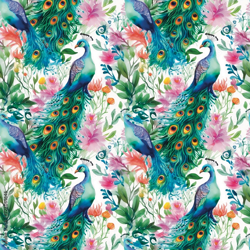 peacock feather pattern Peacock forest, watercolor flowers, fabric tree leaves pattern, seamless, creative imagination handicrafts, fabric pattern, watercolor, colorful, seamless, handicrafts, art, 