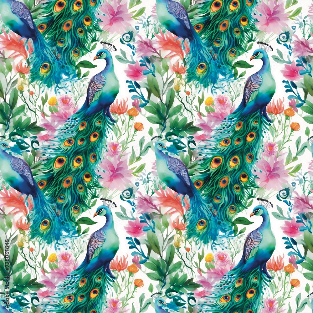 Fototapeta premium peacock feather pattern Peacock forest, watercolor flowers, fabric tree leaves pattern, seamless, creative imagination handicrafts, fabric pattern, watercolor, colorful, seamless, handicrafts, art, 