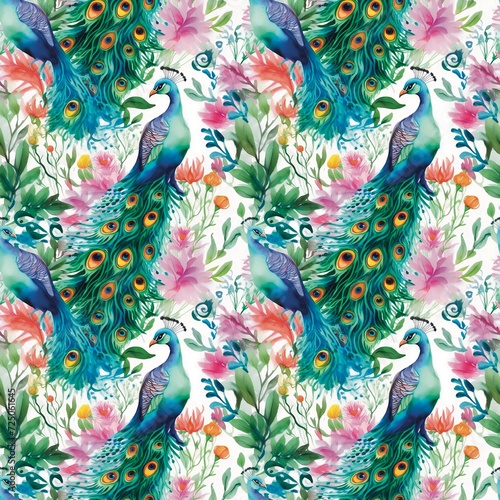 peacock feather pattern Peacock forest, watercolor flowers, fabric tree leaves pattern, seamless, creative imagination handicrafts, fabric pattern, watercolor, colorful, seamless, handicrafts, art, 