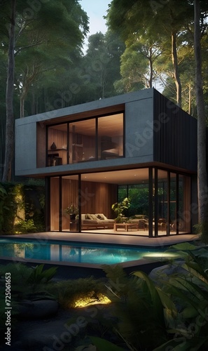 Modern house in the forest covered with green vegetation © A_A88