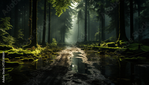 Mysterious forest  dark foliage  wet footpath  tranquil scene generated by AI