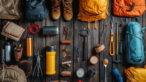 Flat lay composition with different camping equipment on dark wooden background. Traveler set