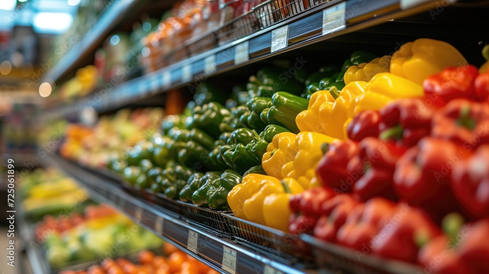 Vibrant bell peppers on supermarket shelf; focus on fresh produce