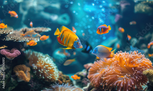 Vibrant tropical fish swimming in a coral reef aquarium
