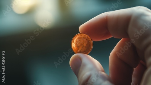 Close-up of a penny pinched between someone's fingers photo