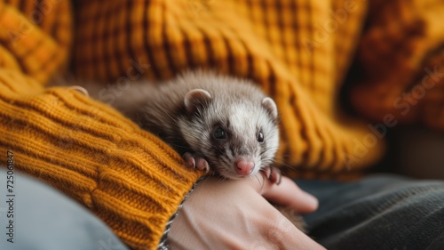 Cute ferret perched on a person wearing a yellow sweater