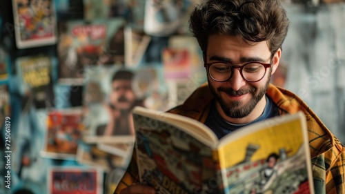 A delighted man engrossed in reading comic books in a shop surrounded by magazines photo