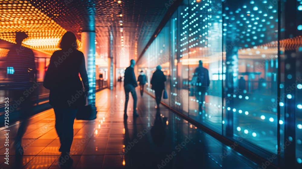 Silhouetted people walking in a vibrant, illuminated corridor Silhouetted people walking in a vibrant, illuminated corridor