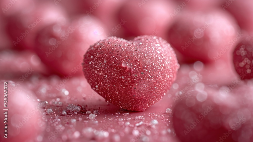 Obraz premium a close up of a heart shaped object surrounded by many balls of pink and white water droplets on a pink background.