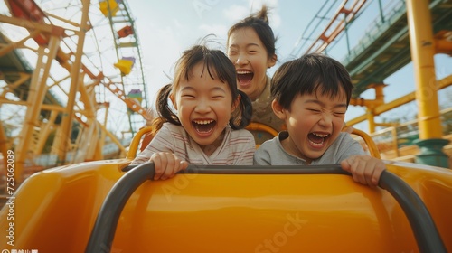 Mother and two children riding a rollercoaster at an amusement park 