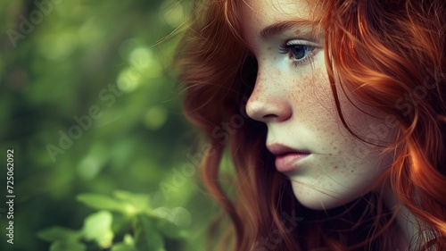 Portrait of a redhead girl with freckles in a lush green forest photo