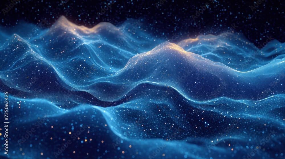  a computer generated image of a wave of blue water with a star filled sky in the background and stars in the foreground.