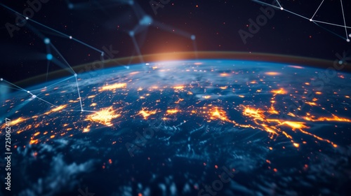 Global data network technology. Telecommunication  internet of things  connection  neural network  ai  space. Abstract illustration with connected lines glowing around the planet