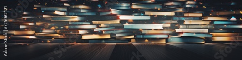 Contemporary banner background of random piles of books with soft, light and blurred background,  