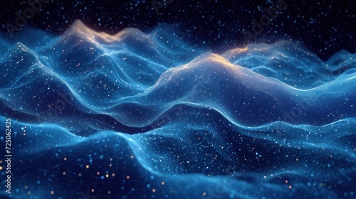  a computer generated image of a wave of blue water with a star filled sky in the background and stars in the foreground. © Anna