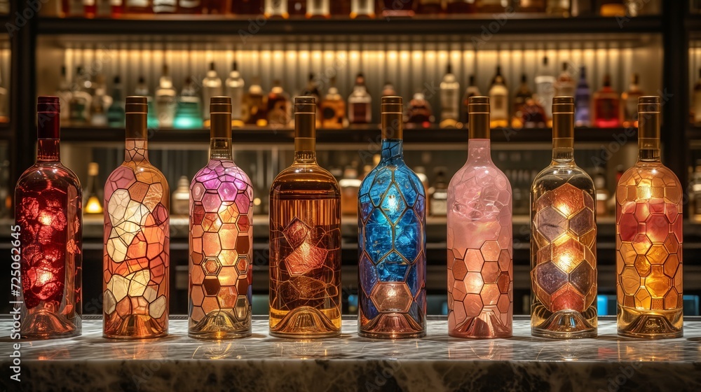 Showcasing of a collection of beautifully designed bottles Illuminated Against a Luxurious Bar Backdrop