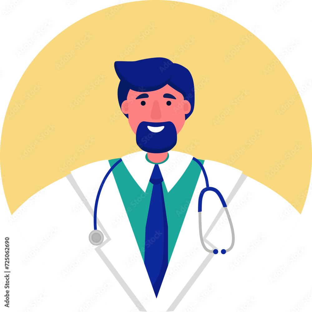 Smiling male doctor with blue hair, beard, stethoscope, white coat, green scrubs. Medical professional, happy healthcare worker vector illustration. Smiling male doctor with blue hair, beard, stethoscope, white coat, green scrubs. Medical professional, happy healthcare worker vector illustration.