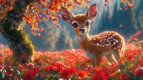  a painting of a deer in a field of flowers with a tree in the background and red berries in the foreground. photo