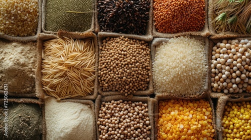  a variety of grains and grains of different colors and sizes are arranged in a grid on top of each other.