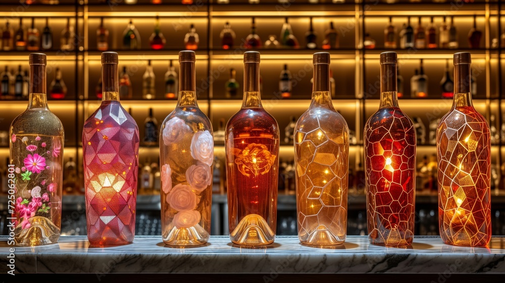 Showcasing of a collection of beautifully designed bottles Illuminated Against a Luxurious Bar Backdrop