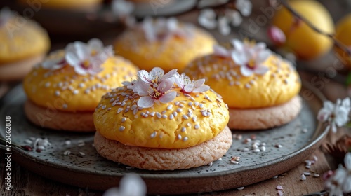  a close up of a plate of doughnuts with sprinkles and flowers on top of them.