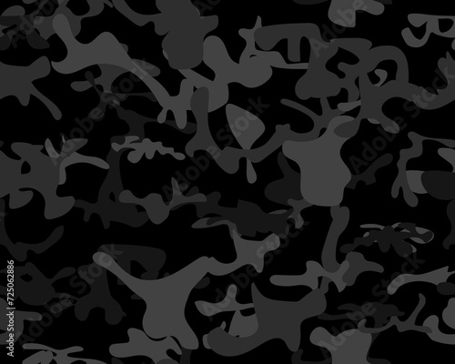 Camouflage Seamless Hunter. Army Abstract Brush. Repeat Black Pattern. Seamless Paint. Woodland Vector Camoflage. Tree Black Canvas. Urban Camo Print. Digital Gray Camouflage. Dark Vector Pattern.