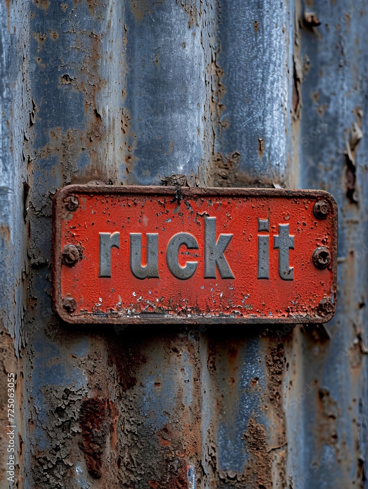 'Ruck It' sign, with weathered textures on a corrugated metal background 'Ruck It' sign, with weathered textures on a corrugated metal background